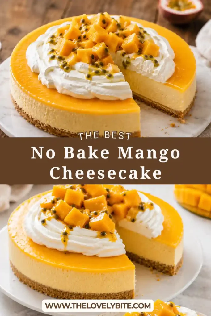 A creamy No Bake Mango Cheesecake topped with fresh mango cubes and passionfruit on a buttery biscuit crust. This tropical mango dessert is smooth, refreshing, and perfect for summer entertaining.
