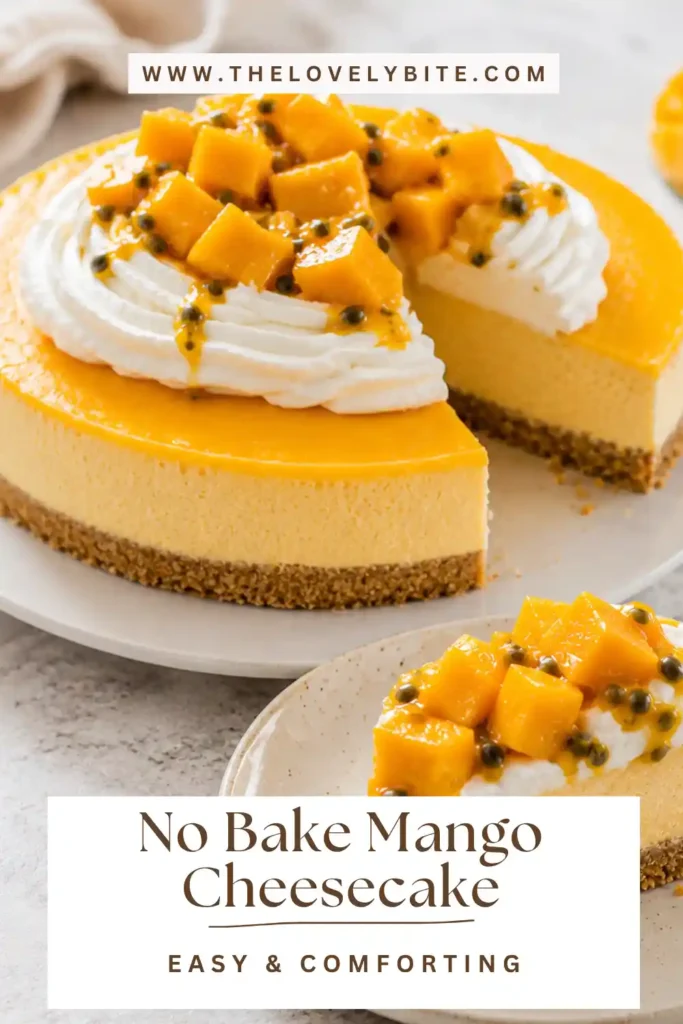 Slices of No Bake Mango Cheesecake with a silky mango jelly topping and whipped cream. The vibrant mango flavor makes this an irresistible chilled cheesecake recipe.