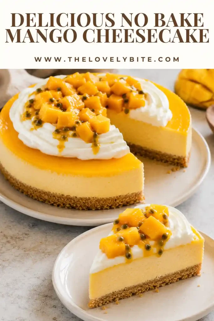 Homemade No Bake Mango Cheesecake featuring a creamy cream cheese filling and fresh mango topping. A simple yet elegant tropical dessert for any celebration.