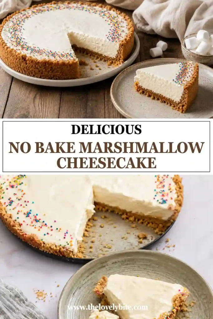 A creamy No Bake Marshmallow Cheesecake topped with colorful sprinkles, marshmallow Peeps, and jelly beans. The fluffy filling sits on a buttery cookie crust for a festive dessert.
