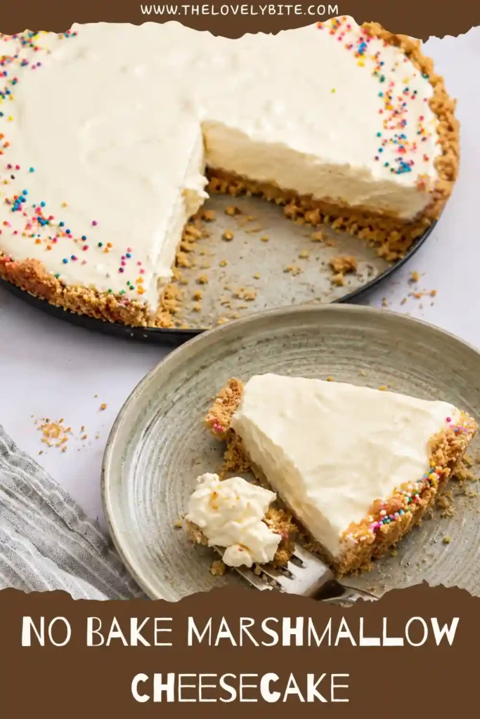 Slices of No Bake Marshmallow Cheesecake with marshmallow fluff filling and an animal cookie crust. Decorated with bright spring candies for a cheerful presentation.