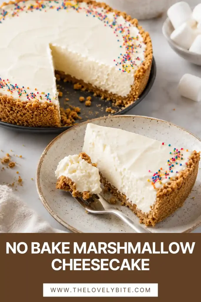 Light and fluffy No Bake Marshmallow Cheesecake served chilled with colorful sprinkles and marshmallow decorations. A perfect dessert for Easter and spring gatherings.