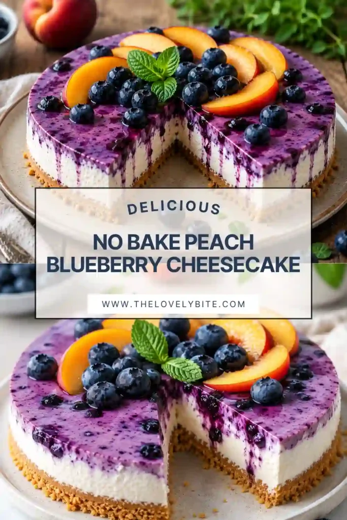 A creamy No Bake Peach Blueberry Cheesecake topped with fresh peach slices, juicy blueberries, and a glossy fruit sauce. The buttery graham cracker crust makes this refreshing summer dessert both beautiful and delicious.