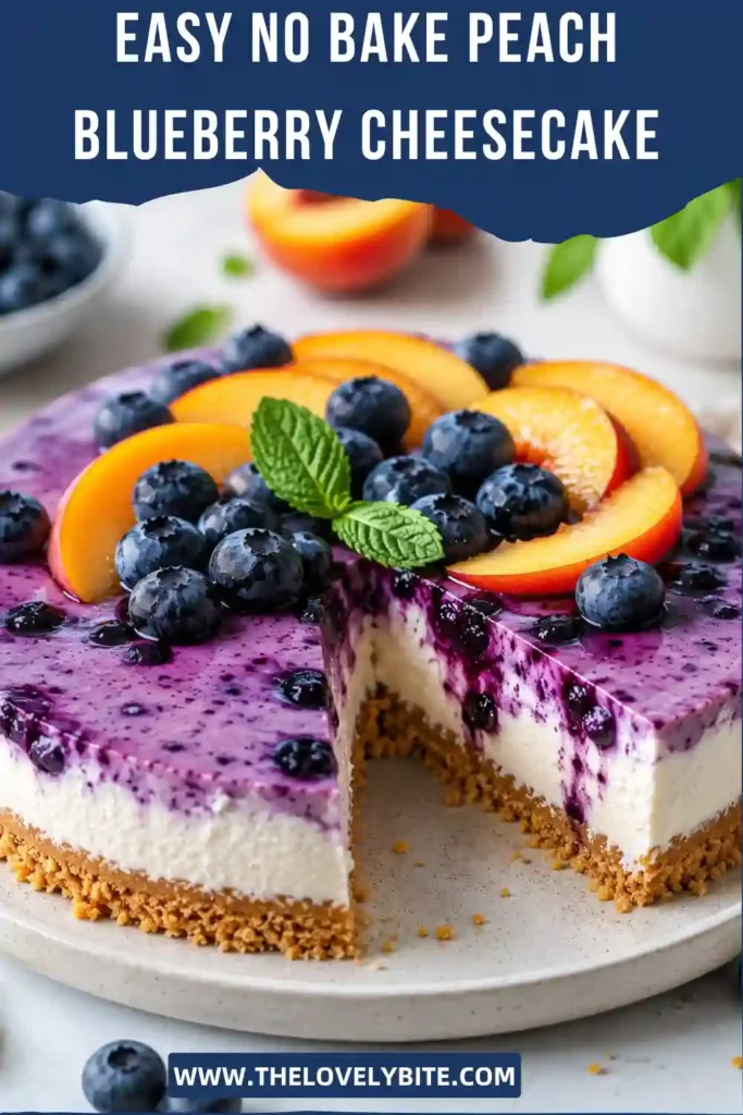 Fresh peach slices and blueberries decorate a smooth no bake cheesecake with a golden graham cracker crust. This chilled dessert is perfect for summer entertaining.