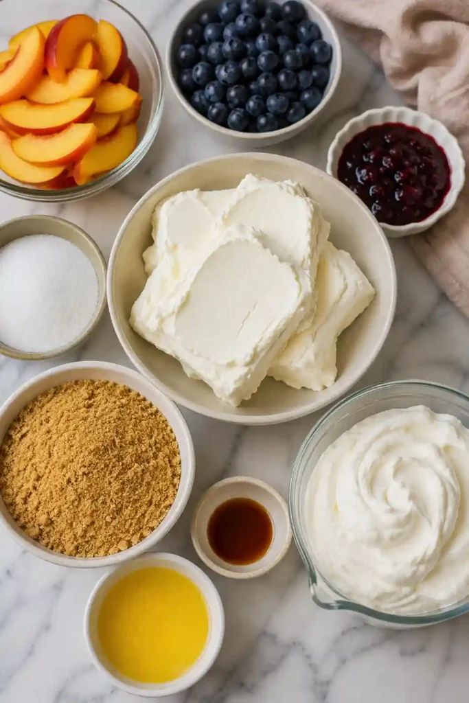 A slice of No Bake Peach Blueberry Cheesecake with creamy filling, crisp graham cracker crust, and colorful fresh fruit topping. An easy homemade dessert for any occasion.