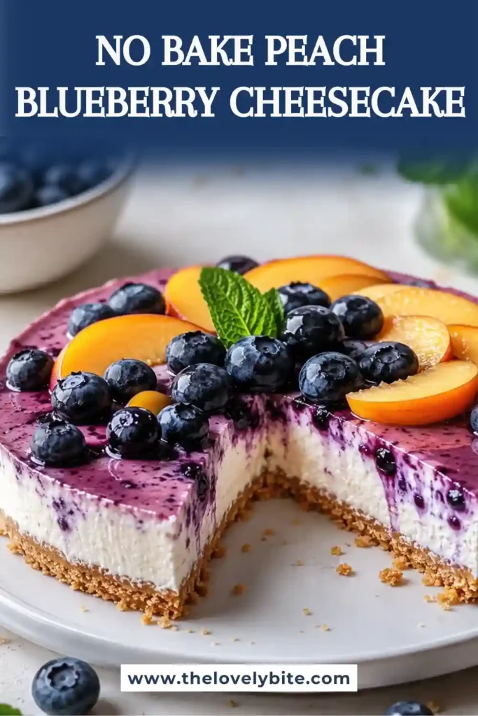 A homemade No Bake Peach Blueberry Cheesecake served chilled with vibrant fresh fruit and peach blueberry sauce. Perfect for summer parties and family gatherings.