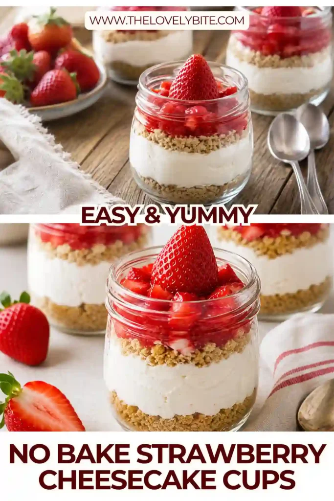 A glass filled with creamy No Bake Strawberry Cheesecake Cups layered with graham cracker crumbs, fluffy cheesecake filling, and fresh sliced strawberries. This refreshing summer dessert is beautifully presented for individual servings.