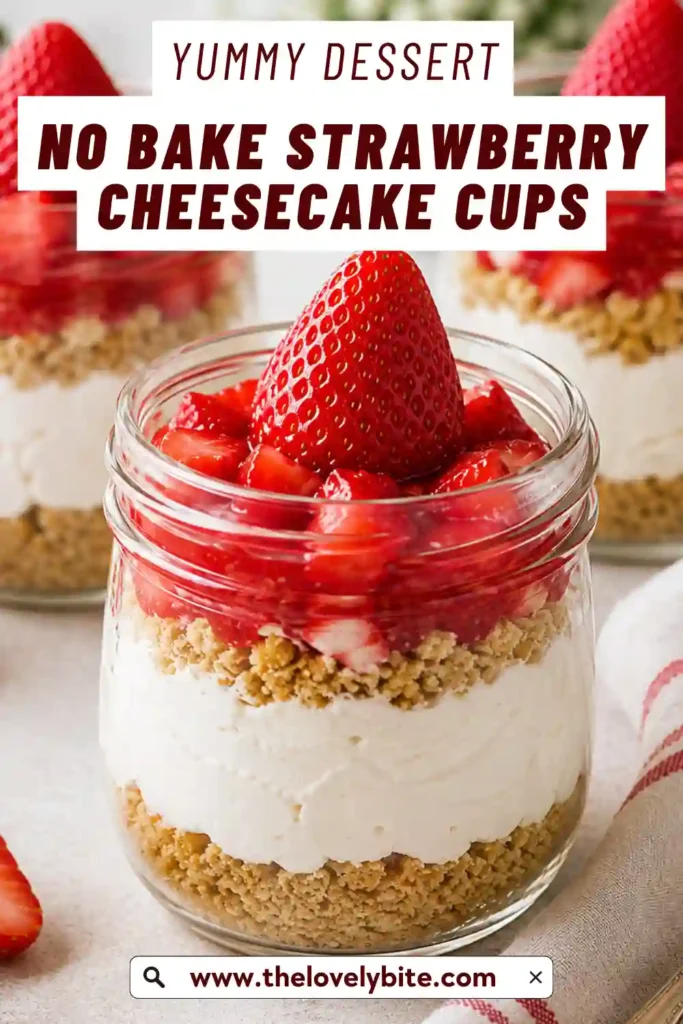 Individual cheesecake cups topped with sliced strawberries and crushed freeze-dried strawberries. This easy no bake dessert is perfect for summer entertaining.