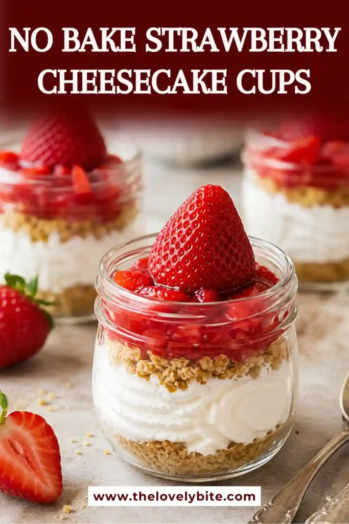 Fresh No Bake Strawberry Cheesecake Cups served in small jars with creamy filling and crunchy graham cracker layers. Garnished with fresh strawberries for a vibrant finish.