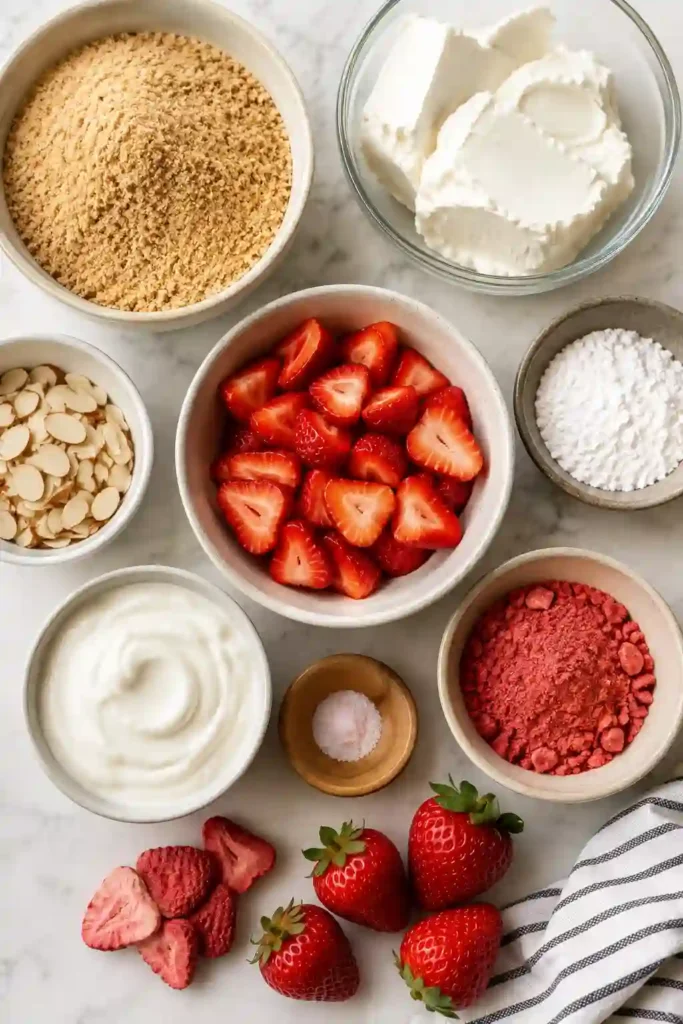 Mini strawberry cheesecake cups layered with cream cheese filling, crushed graham crackers, and fresh berries. A delicious no bake treat served chilled.