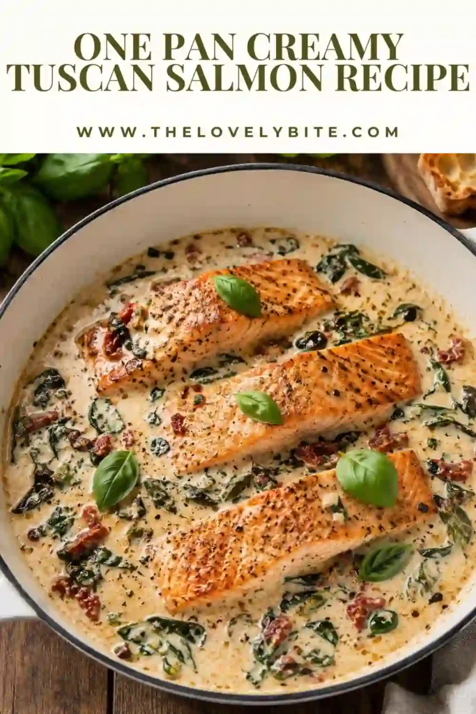 Creamy Tuscan salmon with garlic, basil, capers, and spinach served in a rustic skillet alongside crusty bread.