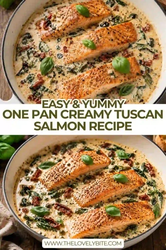 Pan-seared salmon fillets cooked in a creamy Tuscan sauce with spinach and sun-dried tomatoes for an elegant homemade dinner.