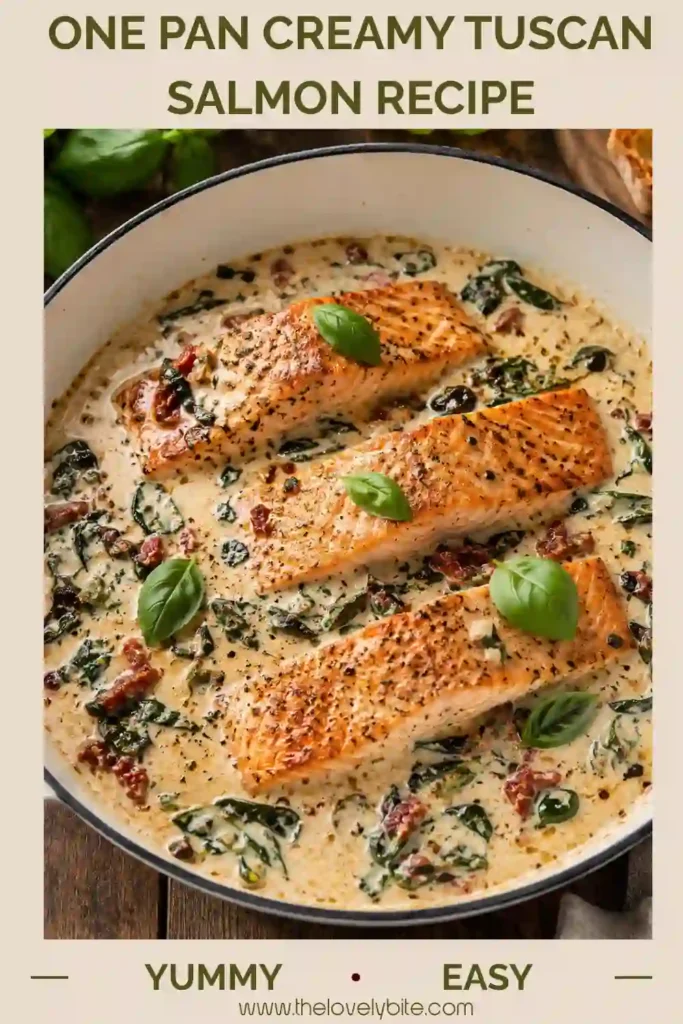 One-Pan Creamy Tuscan Salmon served in a skillet with garlic cream sauce, spinach, sun-dried tomatoes, capers, and fresh basil.