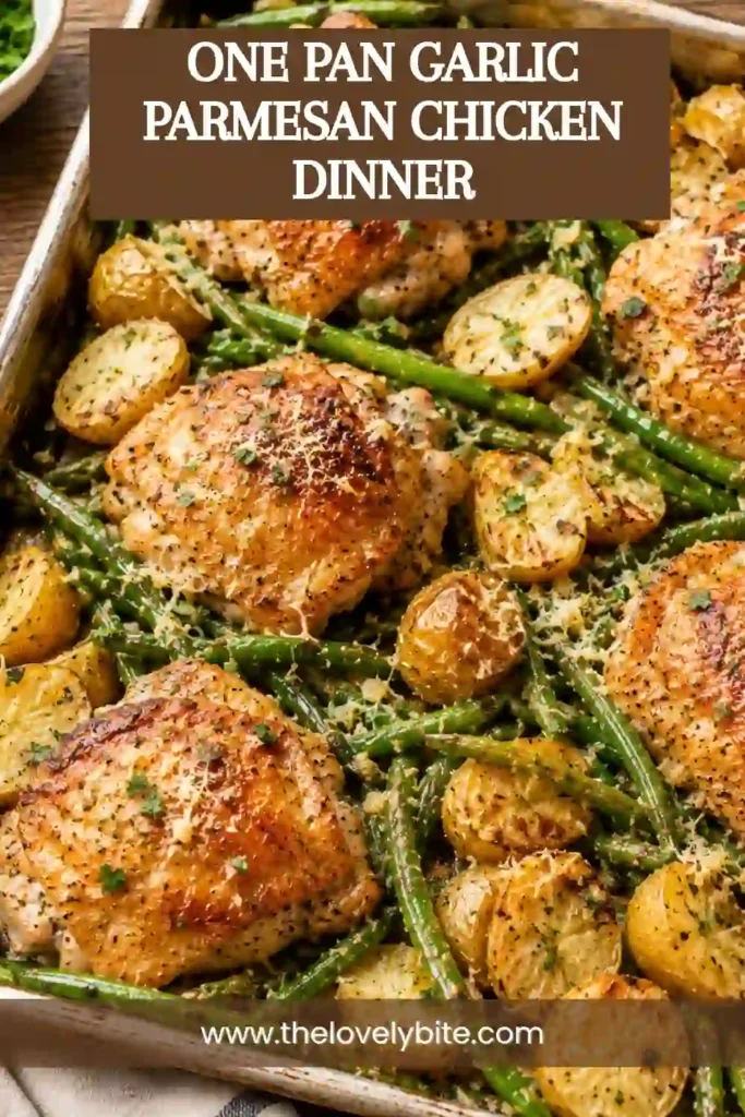 Golden baked garlic parmesan chicken served with roasted potatoes and green beans in a casserole dish. This easy one pan chicken dinner is perfect for busy evenings.