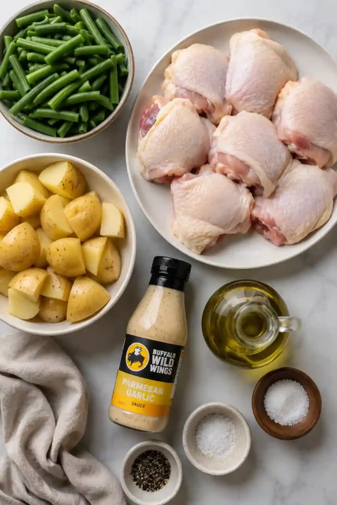 One Pan Garlic Parmesan Chicken Dinner baked with crispy chicken thighs, roasted potatoes, fresh green beans, and creamy parmesan garlic sauce. A comforting family meal made in one pan.
