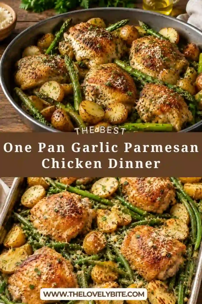 Juicy baked chicken thighs coated in parmesan garlic sauce alongside roasted potatoes and green beans. A simple weeknight chicken dinner everyone will enjoy.