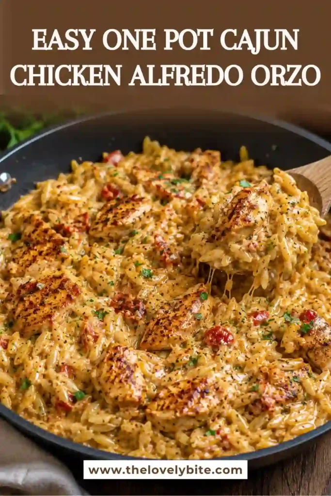 Creamy Cajun chicken orzo served in a rustic bowl with fresh parsley garnish. This easy one pan dinner features tender chicken, Parmesan cheese, and flavorful orzo pasta.