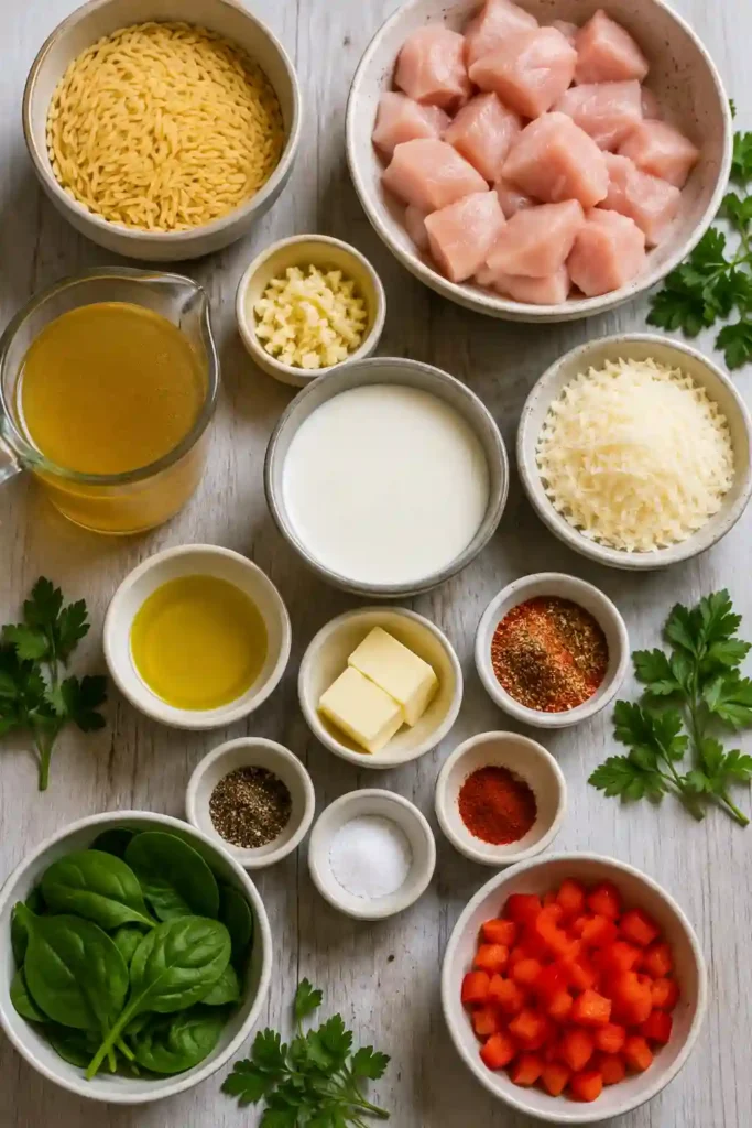A bowl of creamy One Pot Cajun Chicken Alfredo Orzo topped with fresh parsley and grated Parmesan. Tender chicken and perfectly cooked orzo are coated in a rich, creamy Cajun Alfredo sauce.