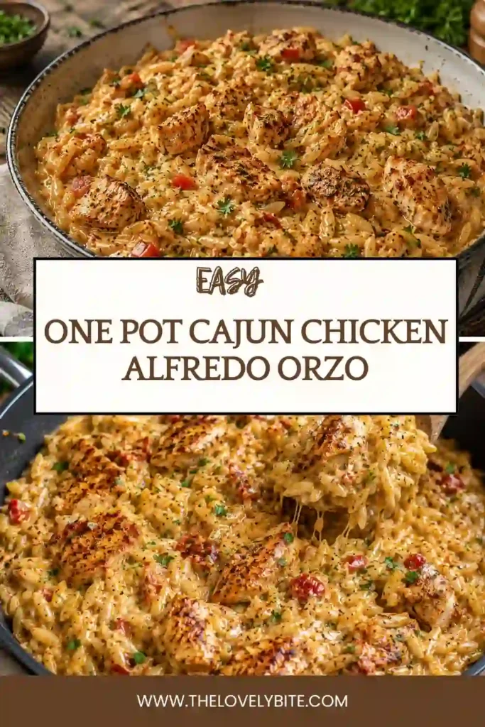 Rich and creamy Cajun Chicken Alfredo Orzo cooked in one pot with juicy chicken, Parmesan cheese, and fresh herbs for an easy family dinner.