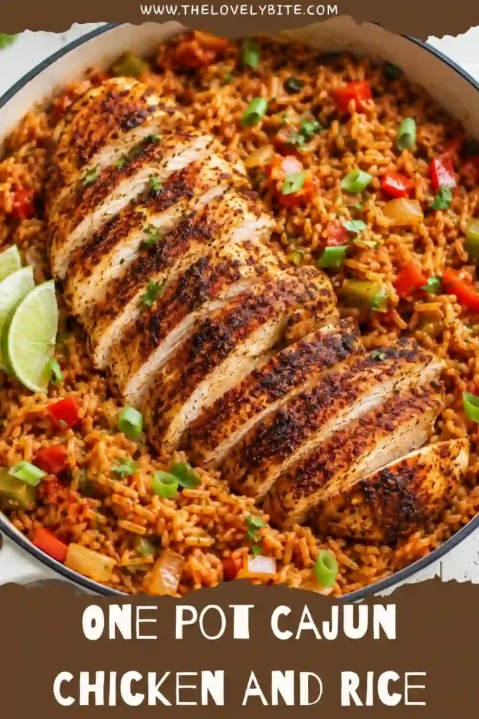 One Pot Cajun Chicken and Rice served hot with fluffy rice, fresh cilantro, diced mango, and lime wedges. A hearty one-pan meal perfect for busy weeknights.
