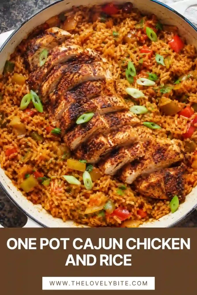 Homemade One Pot Cajun Chicken and Rice featuring tender chicken breasts, fluffy rice, colorful peppers, celery, and fresh cilantro in a cast-iron skillet.