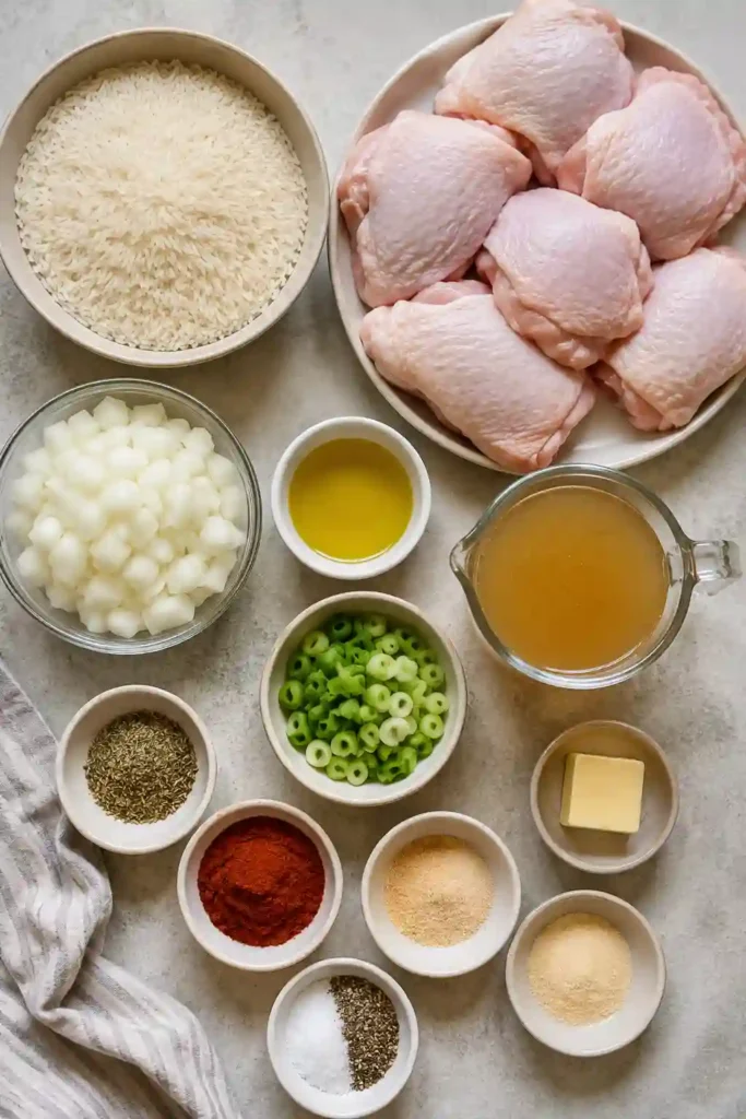 Golden-brown chicken thighs rest on fluffy basmati rice in a cast-iron skillet. This One Pot Chicken and Rice is a hearty, comforting family dinner made in one pan.