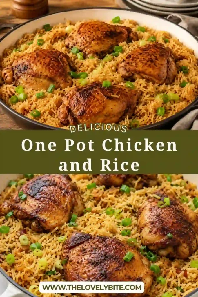A skillet filled with tender chicken thighs and seasoned basmati rice garnished with fresh green onions. This easy chicken and rice recipe is perfect for family dinners.