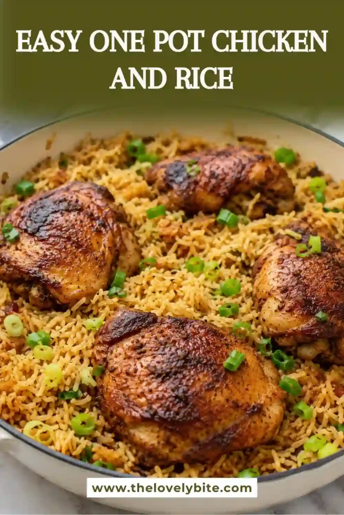 Close-up of One Pot Chicken and Rice featuring crispy chicken skin, fluffy rice, and fresh green onion garnish. A simple homemade meal ready to serve.