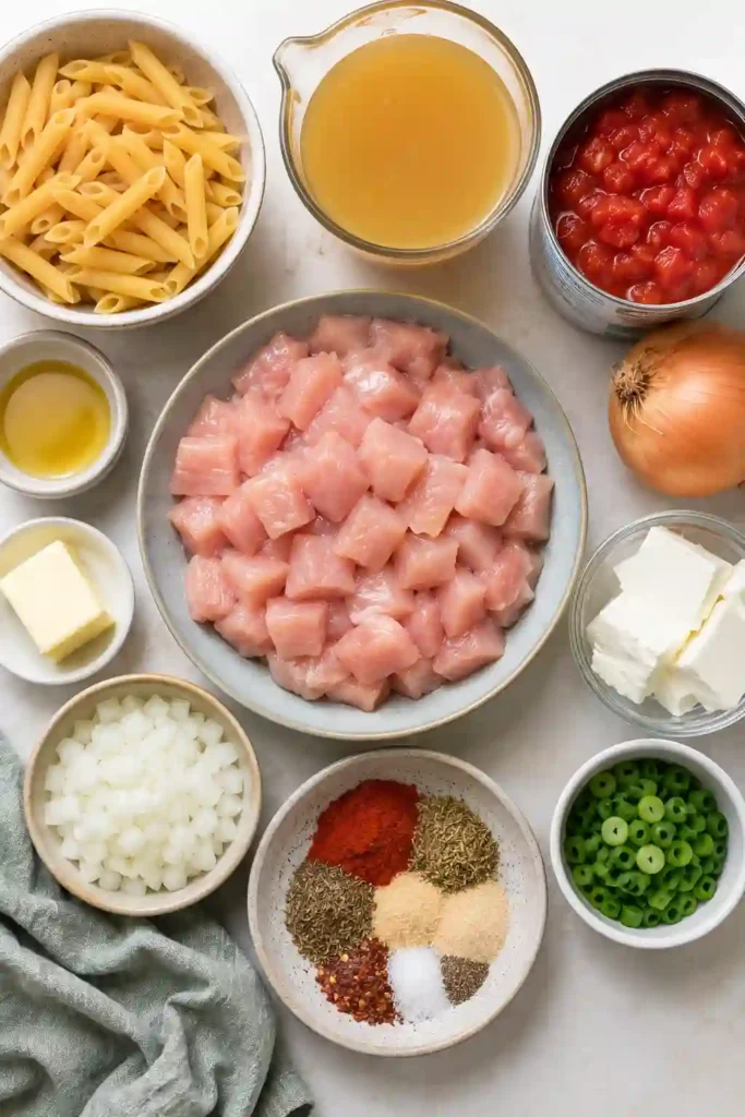 A bowl of One Pot Creamy Cajun Chicken Pasta made with tender chicken, creamy tomato sauce, fire-roasted tomatoes, and penne pasta. Garnished with fresh green onions for a flavorful weeknight dinner.