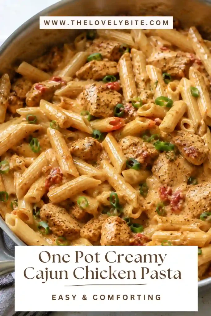 Homemade One Pot Creamy Cajun Chicken Pasta featuring smoky Cajun spices, creamy sauce, and tender chicken. A comforting family dinner ready in about 30 minutes.