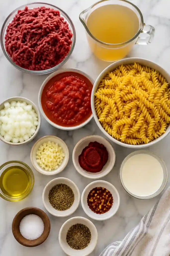 A bowl of One Pot Creamy Tomato Beef Pasta topped with freshly grated Parmesan cheese and chopped parsley. The creamy tomato sauce coats every piece of pasta with savory ground beef.