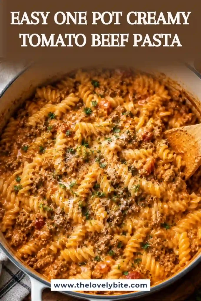 Rich and creamy One Pot Creamy Tomato Beef Pasta made with tender pasta, ground beef, and tomato sauce. A simple homemade dinner ready in just 30 minutes.