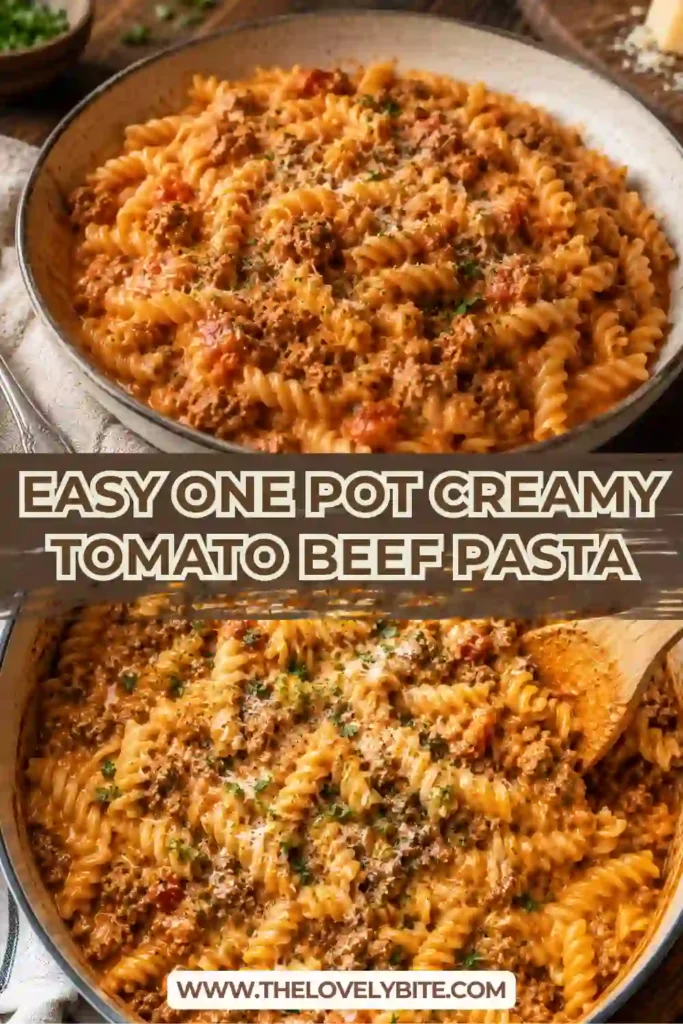 Hearty creamy tomato beef pasta featuring perfectly cooked pasta, seasoned ground beef, and a smooth tomato cream sauce garnished with Parmesan cheese.