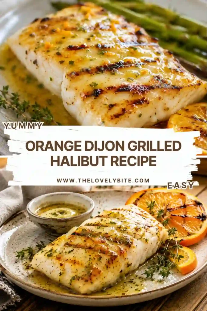 Close-up of grilled halibut topped with orange Dijon glaze and fresh herbs. This healthy grilled fish recipe is ideal for BBQ season and weeknight meals.
