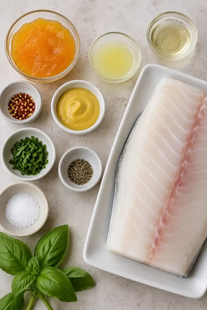 Orange Dijon Grilled Halibut served fresh off the grill with a glossy citrus mustard glaze and chopped basil. The flaky fish is cooked perfectly for a healthy summer seafood dinner.