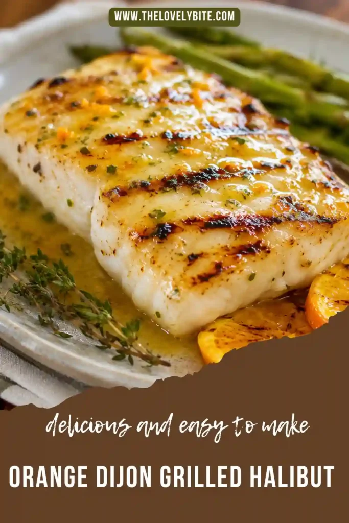 Tender grilled halibut fillet coated in sweet orange marmalade and Dijon mustard glaze. A fresh, flavorful seafood dinner served with seasonal vegetables.