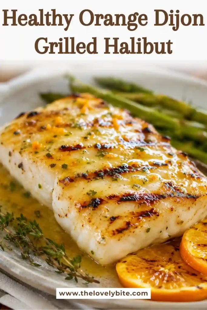 Healthy Orange Dijon Grilled Halibut with caramelized citrus glaze and fresh basil. A colorful grilled seafood recipe perfect for outdoor cooking.