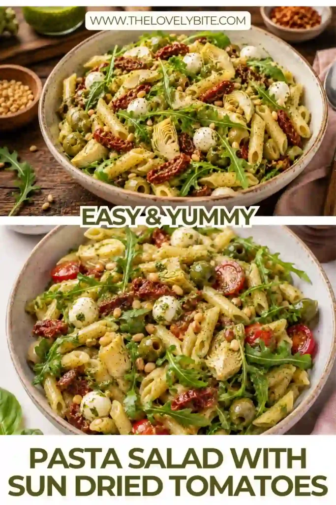 Easy pesto pasta salad featuring penne, artichokes, sun-dried tomatoes, basil, and pine nuts. Perfect for picnics and meal prep.
