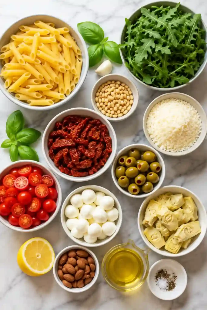 Colorful Mediterranean pasta salad made with homemade pesto, mozzarella pearls, olives, cherry tomatoes, and fresh basil.