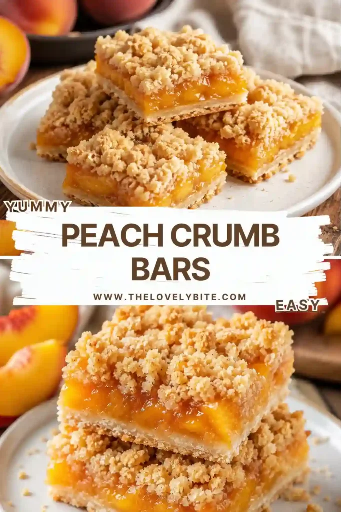 Homemade Peach Crumb Bars cooling after baking with fresh peaches and cinnamon layered between buttery crumble. A delicious fruit dessert perfect for summer.