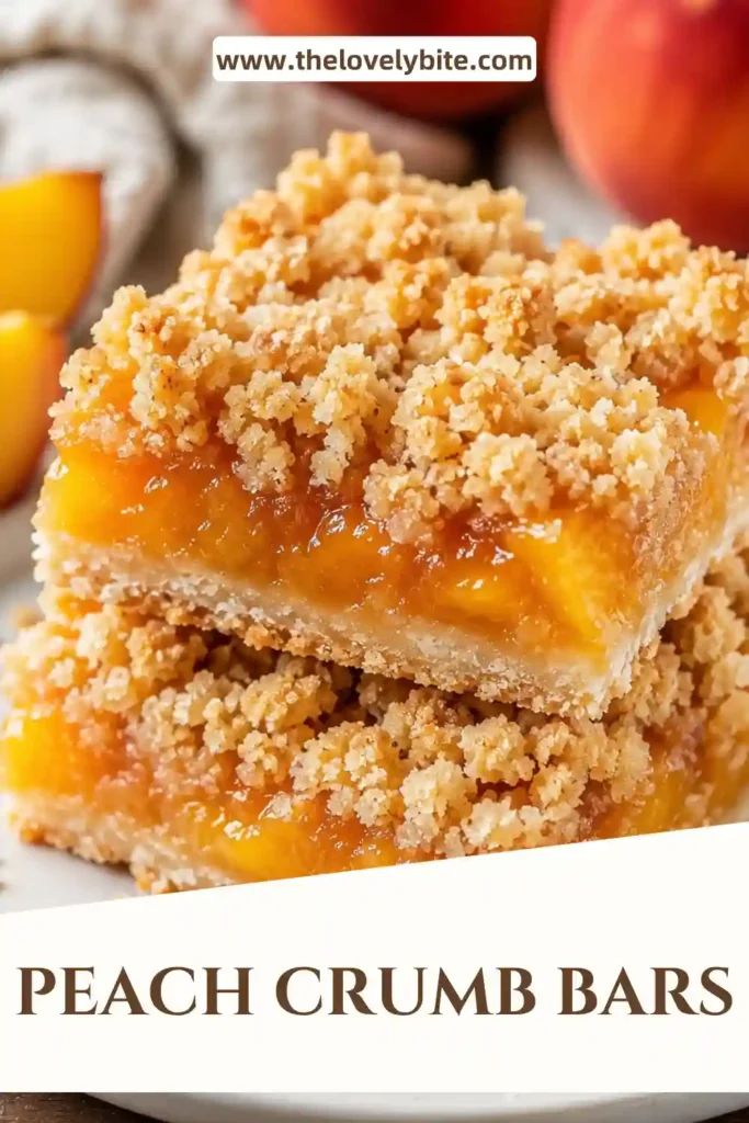 Close-up of Peach Crumb Bars showing tender peach filling beneath a crisp buttery crumb topping. An easy peach bars recipe made with fresh seasonal peaches.