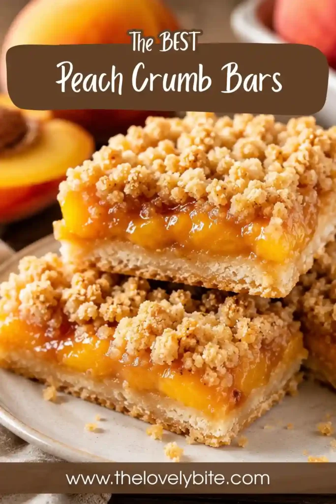 Golden Peach Crumb Bars served on a dessert plate with visible chunks of juicy peaches and flaky crumble topping. A classic homemade fresh peach dessert.
