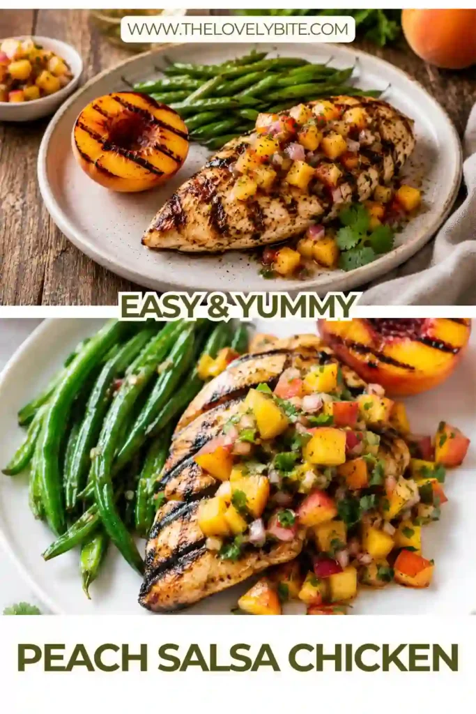A close-up of Peach Salsa Chicken topped with colorful fresh peach salsa. Tender grilled chicken is coated in a glossy peach glaze and garnished with cilantro.