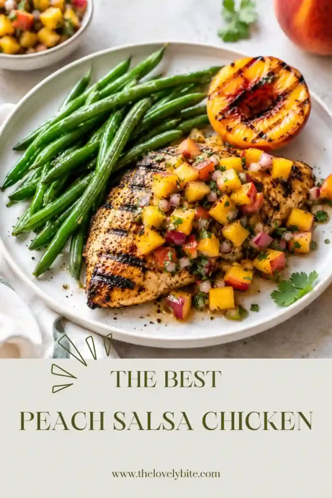 Fresh Peach Salsa Chicken plated with grilled peaches, cilantro, peppers, and lime. This easy summer chicken recipe features smoky grilled flavors with sweet and tangy peach salsa.