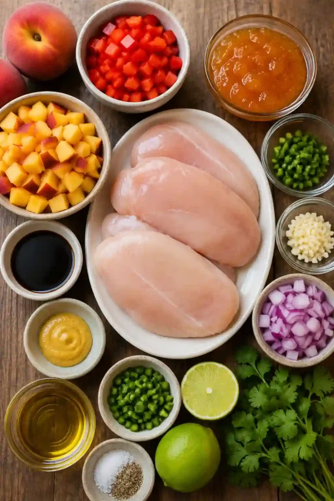 Grilled Peach Salsa Chicken served with fresh grilled peach salsa made from ripe peaches, cilantro, red onion, and jalapeño. The chicken is glazed with a sweet peach sauce and grilled until perfectly juicy.
