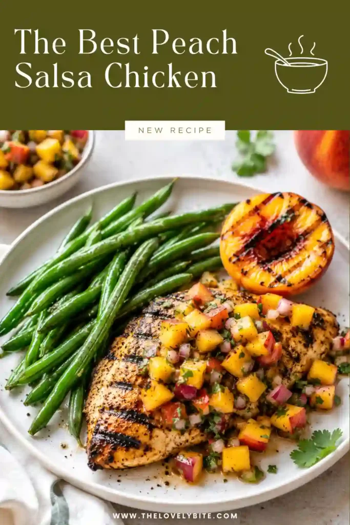 Juicy grilled Peach Salsa Chicken topped with homemade peach salsa featuring fresh peaches, red peppers, jalapeños, and herbs. A vibrant and healthy grilled dinner perfect for summer.