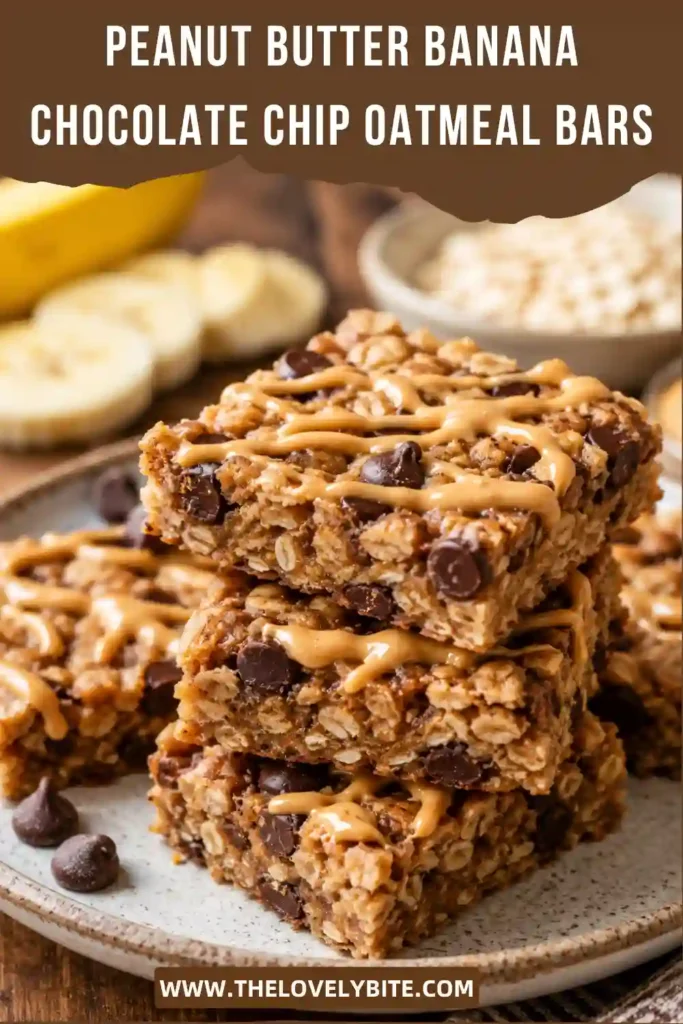 Homemade Peanut Butter Banana Chocolate Chip Oatmeal Bars with chewy oats and melted chocolate chips.