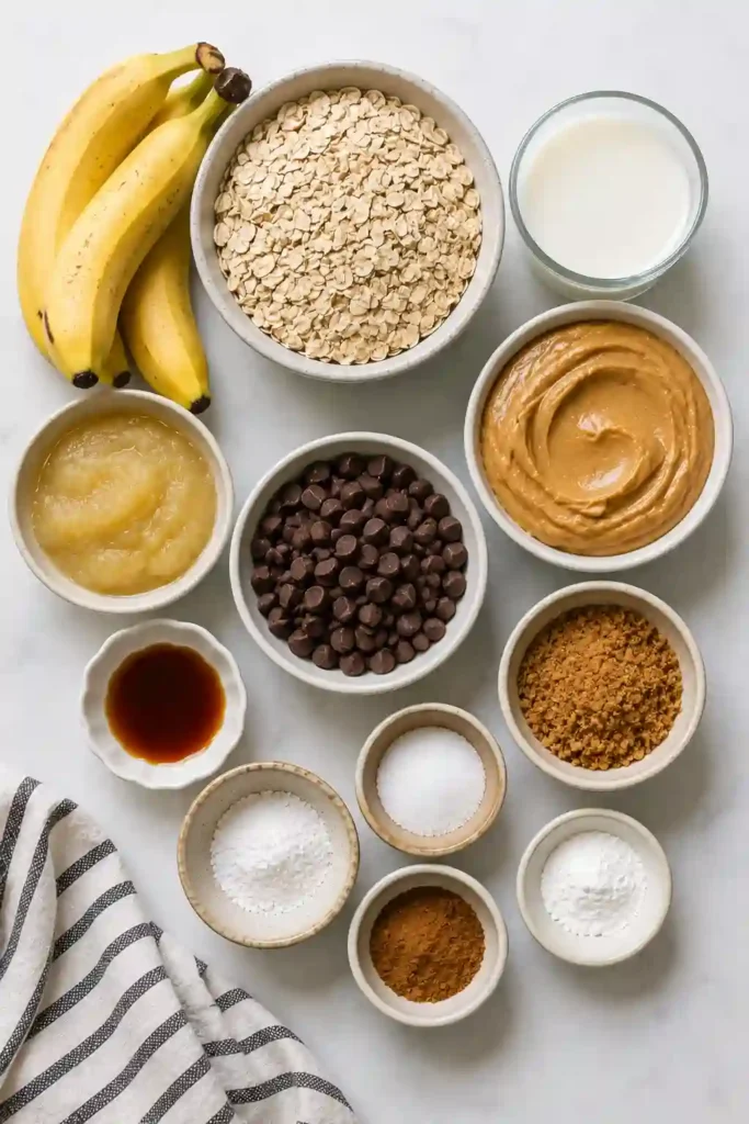 Healthy baked oatmeal bars featuring peanut butter, bananas, and chocolate chips served as a breakfast or snack.