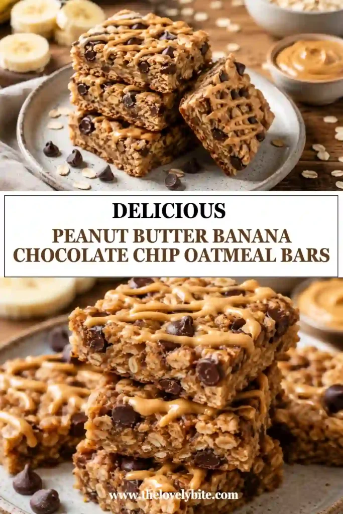 Soft baked oatmeal bars made with ripe bananas, peanut butter, and chocolate chips, cut into squares for easy snacking.