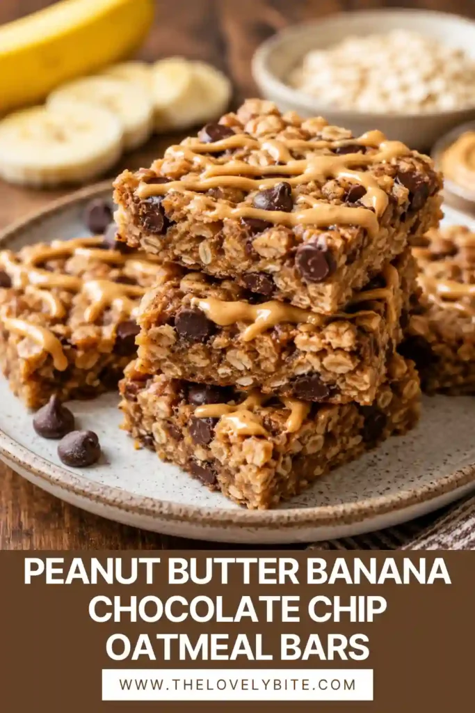 Peanut Butter Banana Chocolate Chip Oatmeal Bars stacked on a plate with visible oats, chocolate chips, and a drizzle of peanut butter.